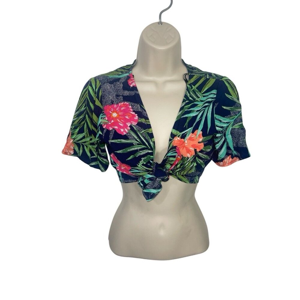 Forever 21 Navy Tropical Tie-Front Crop Top with Pink & Orange Floral Print